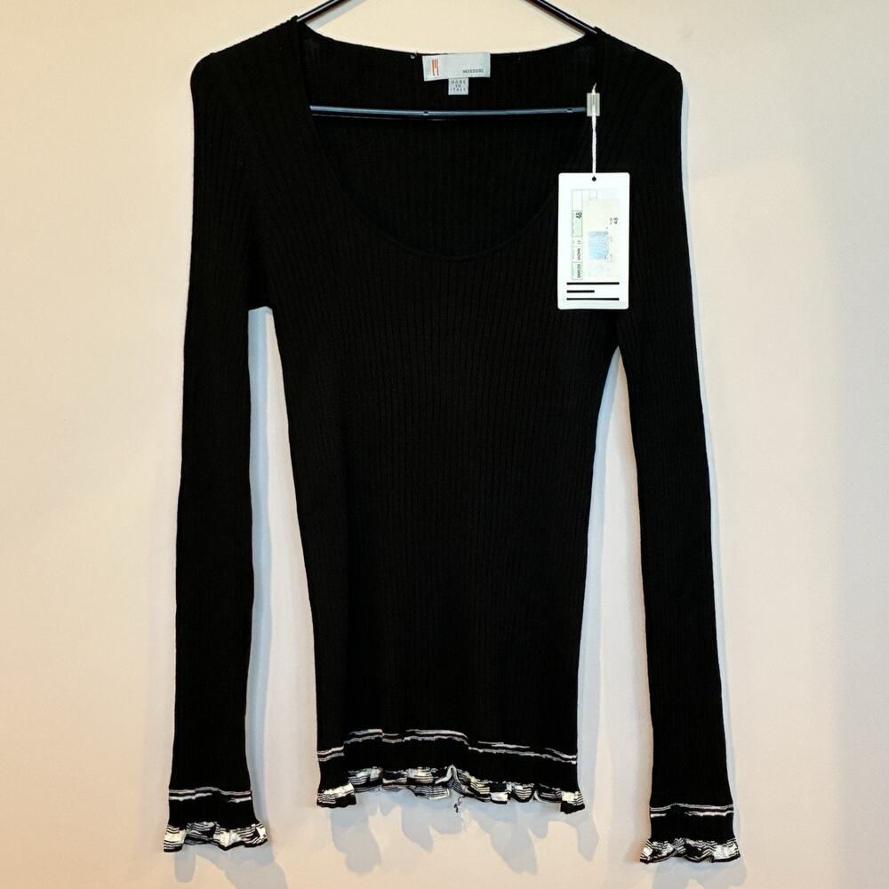 Missoni Frill-Edge Rib Knit Top Sweater Black / White Size US 12 / IT 48